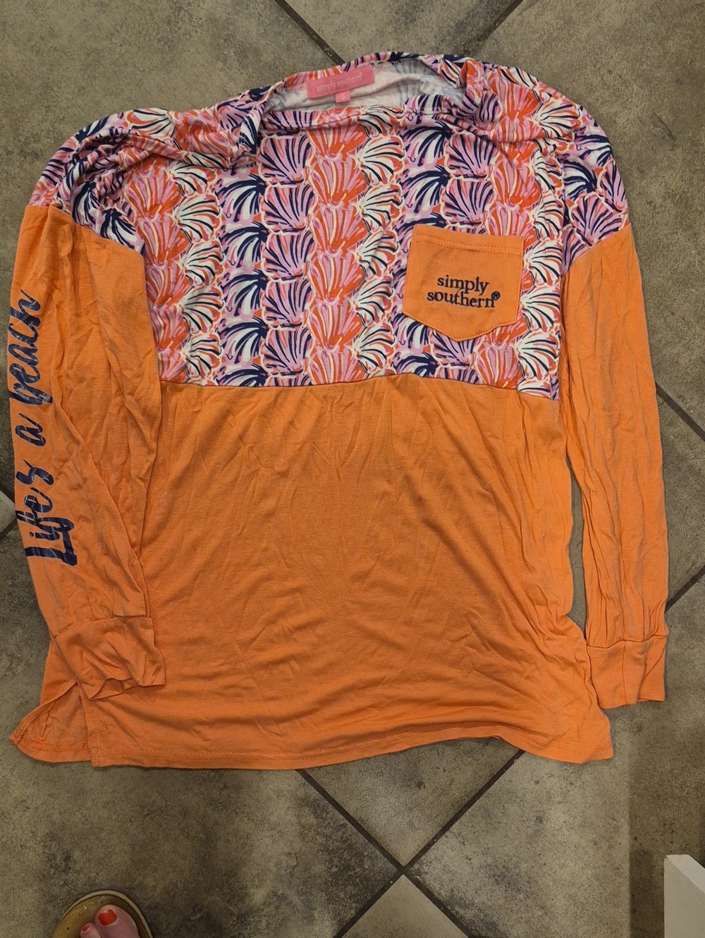 Simply Southern Girls' Orange Long-Sleeve Top with Floral Yoke
